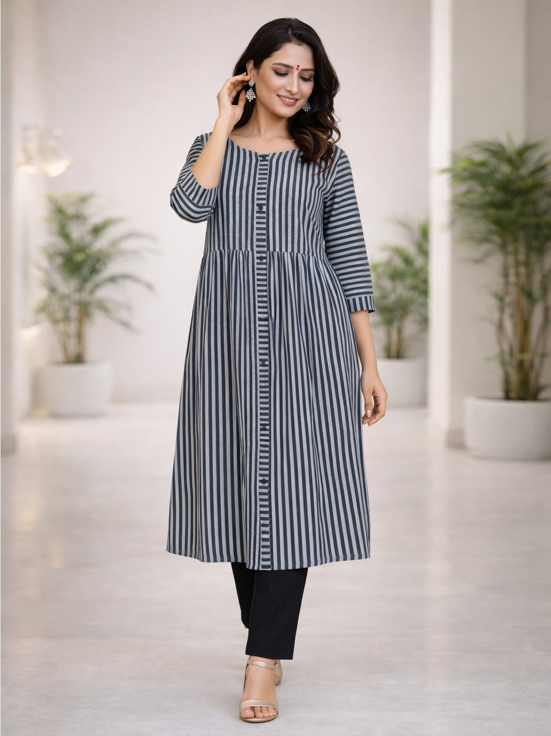 Black Cotton Stripe Flared Long  Kurti