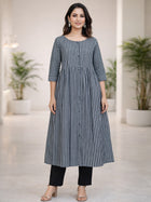 Black Cotton Stripe Flared Long  Kurti