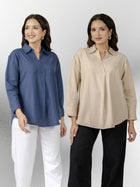 Blue & Beige Airy Linen Pleated Cotton Tops