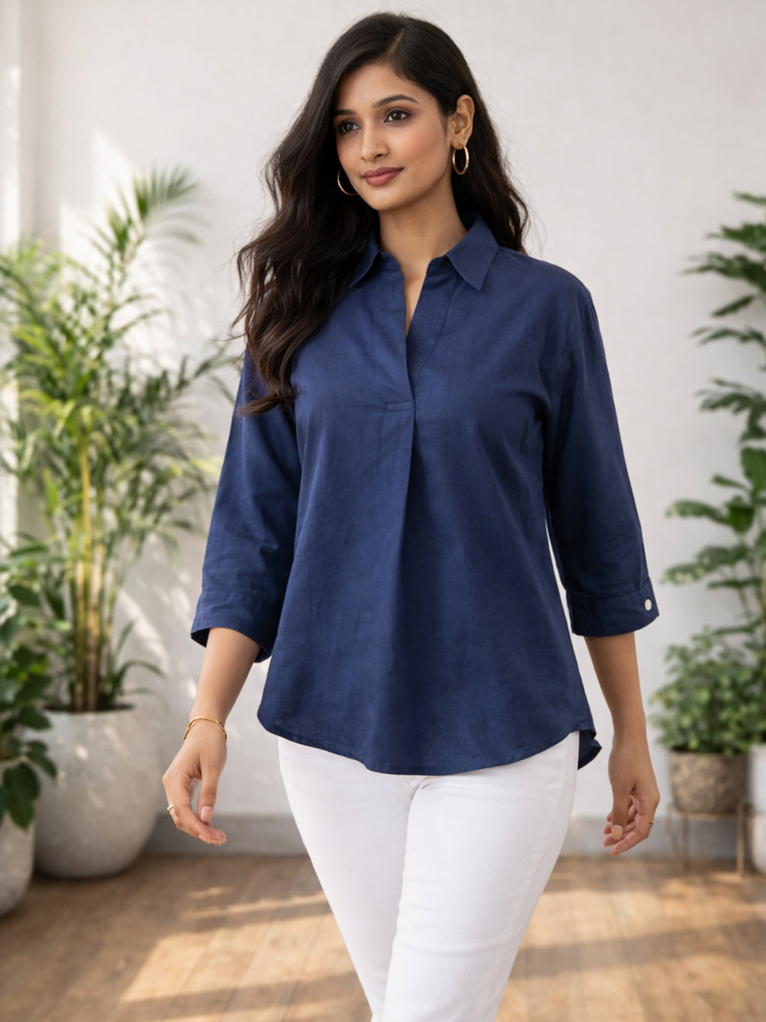 Blue Airy Linen Pleated Cotton Top