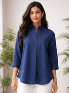 Blue Airy Linen Pleated Cotton Top