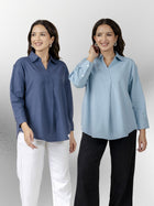Blue & Firozi Airy Linen Pleated Cotton Tops