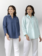 Blue & Light Blue Airy Linen Pleated Cotton Tops