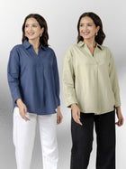 Blue & Light Green Airy Linen Pleated Cotton Tops