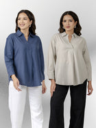 Blue & Light Grey Airy Linen Pleated Cotton Tops