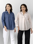 Blue & Light Pink Airy Linen Pleated Cotton Tops