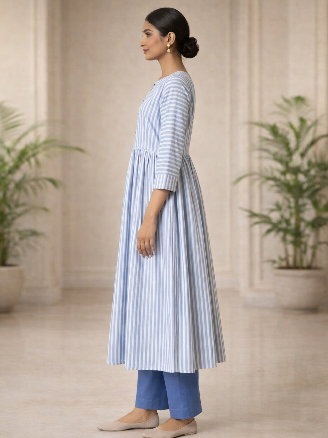 Blue Cotton Stripe Flared Long  Kurti