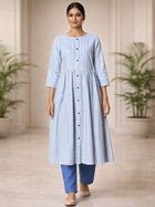 Blue Cotton Stripe Flared Long  Kurti