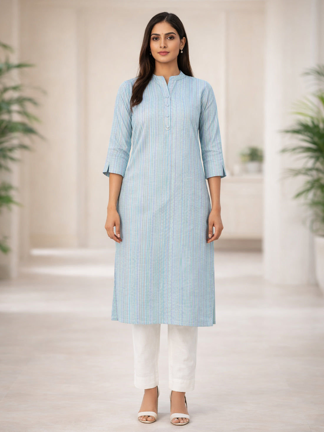 Blue South Cotton Multistripe Straight Kurti