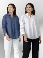 Blue & White Airy Linen Pleated Cotton Tops
