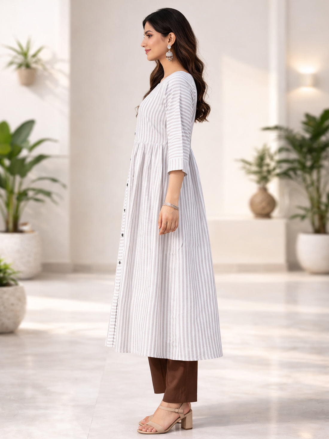 Brown Cotton Stripe Flared Long  Kurti