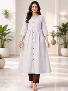 Brown Cotton Stripe Flared Long  Kurti