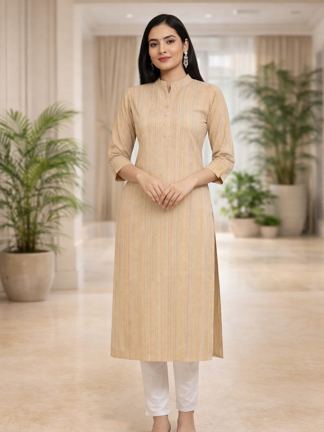Brown South Cotton Multistripe Straight Kurti