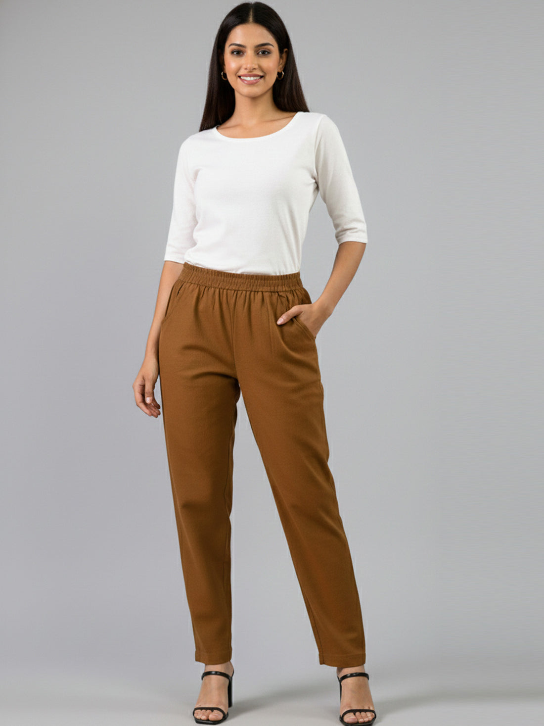 Bundle of 2 Brown & NavyBlue Everyday Cotton Round Elastic Trousers