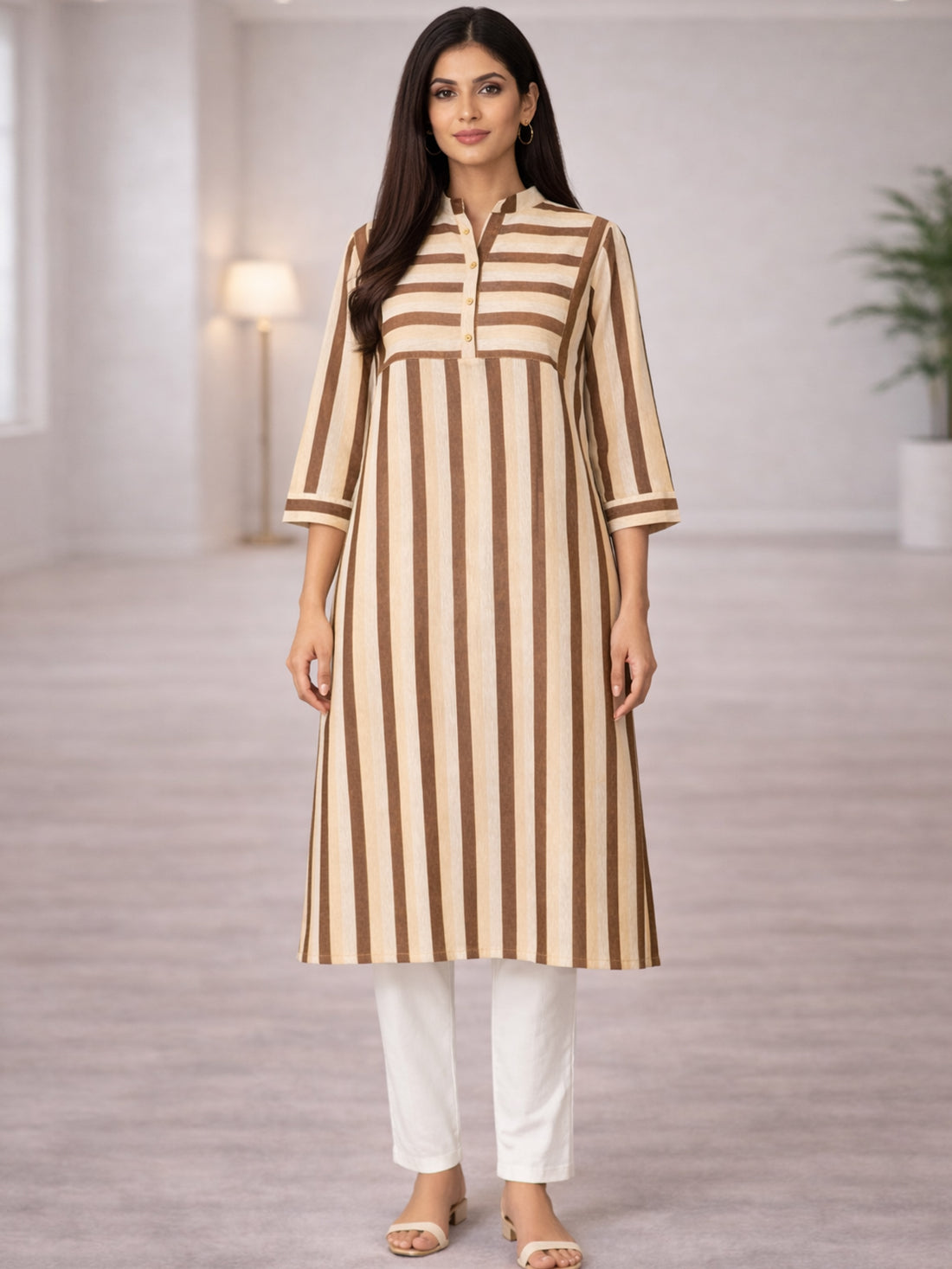 Brown Cotton Stripe Straight Kurti