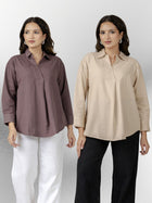 Chocolate & Beige Airy Linen Pleated Cotton Tops