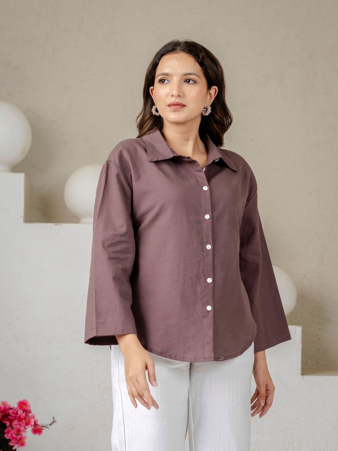 Bundle of 2 Chocolate & Light Blue Cotton Bell Sleeves Shirt