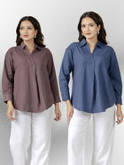 Chocolate & Blue Airy Linen Pleated Cotton Tops