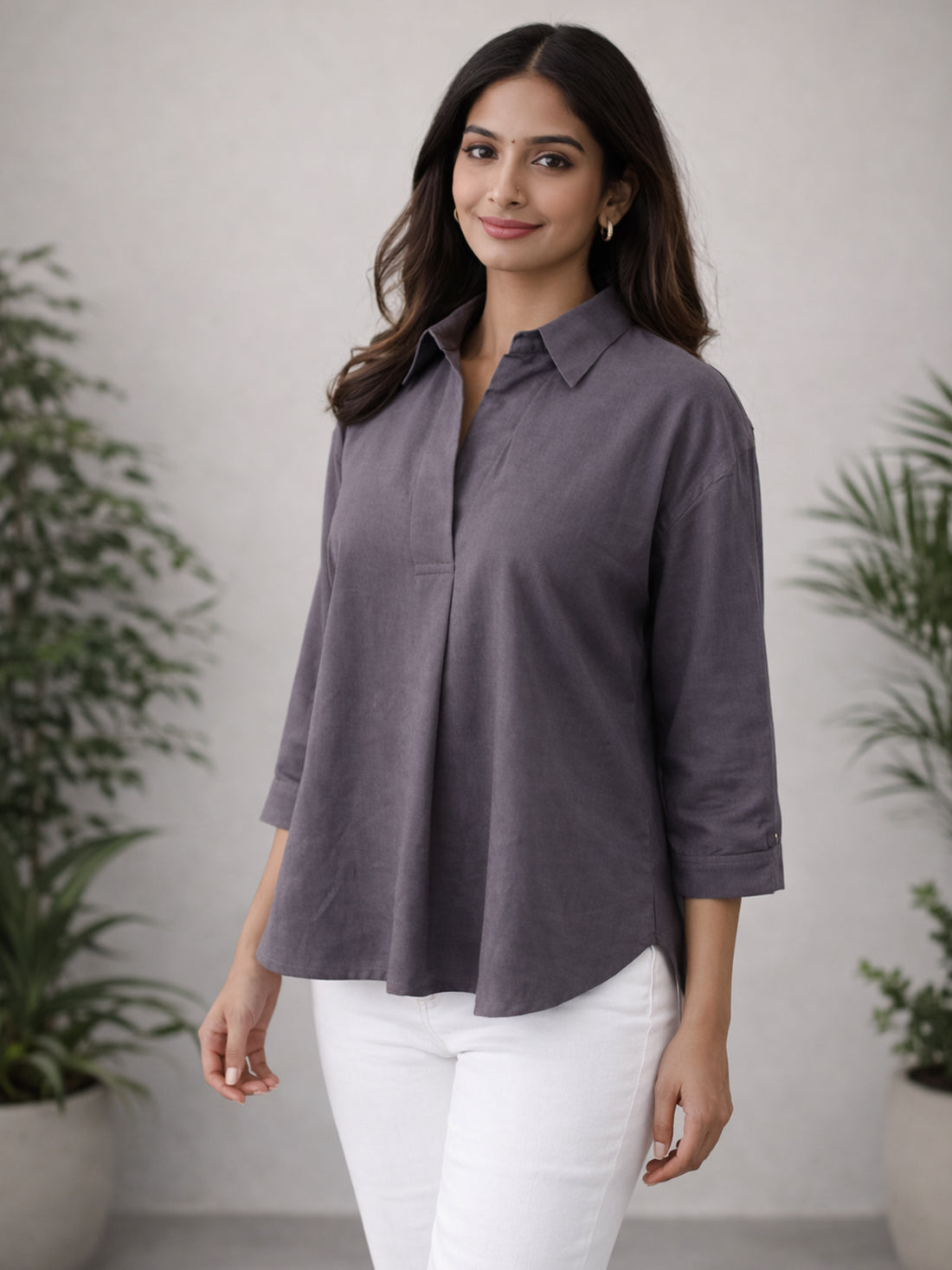 Chocolate Airy Linen Pleated Cotton Top