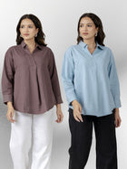 Chocolate & Firozi Airy Linen Pleated Cotton Tops