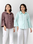 Bundle of 2 Chocolate & Light Blue Cotton Bell Sleeves Shirt
