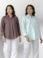 Chocolate & Light Blue Airy Linen Pleated Cotton Tops