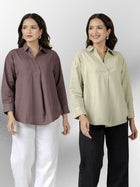 Chocolate & Light Green Airy Linen Pleated Cotton Tops