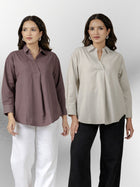 Chocolate & Light Grey Airy Linen Pleated Cotton Tops