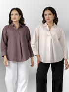 Chocolate & Light Pink Airy Linen Pleated Cotton Tops