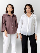 Bundle of 2 Chocolate & White Cotton Bell Sleeves Shirt