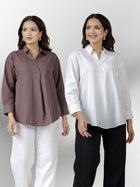 Chocolate & White Airy Linen Pleated Cotton Tops