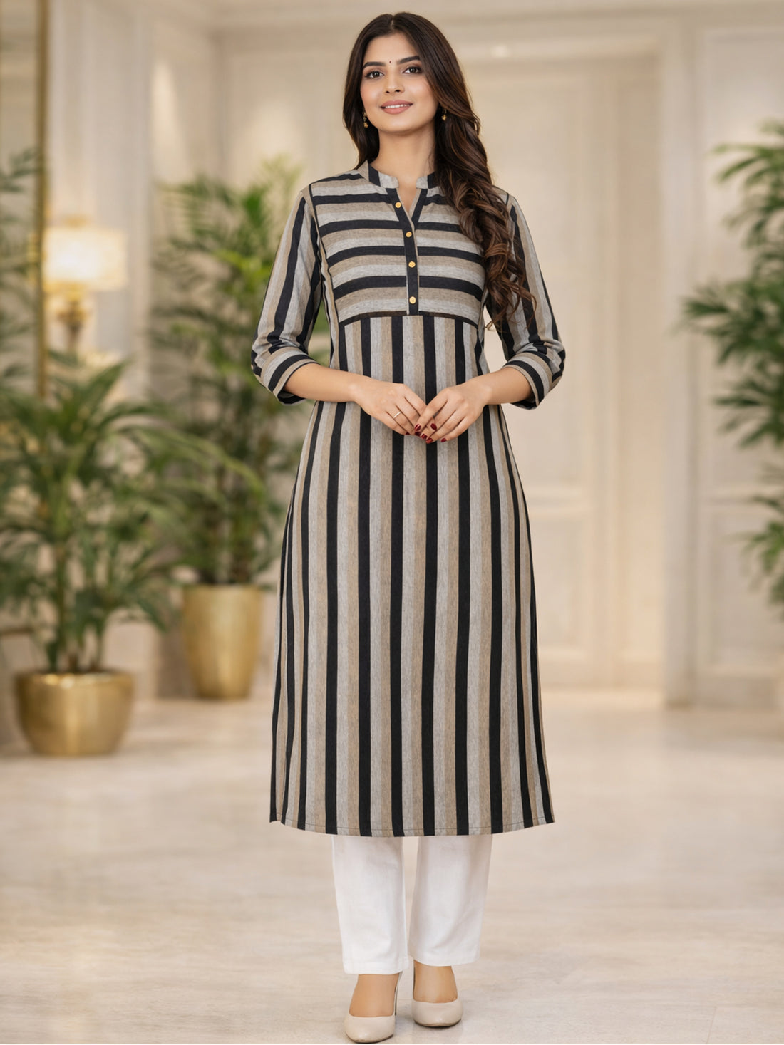 Coffee Cotton Stripe Straight Kurti