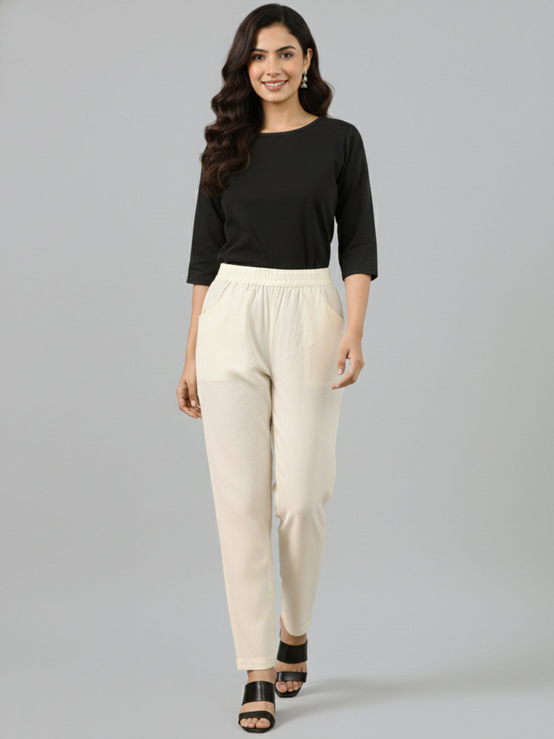Bundle of 2 Cream & TealBlue Everyday Cotton Round Elastic Trousers