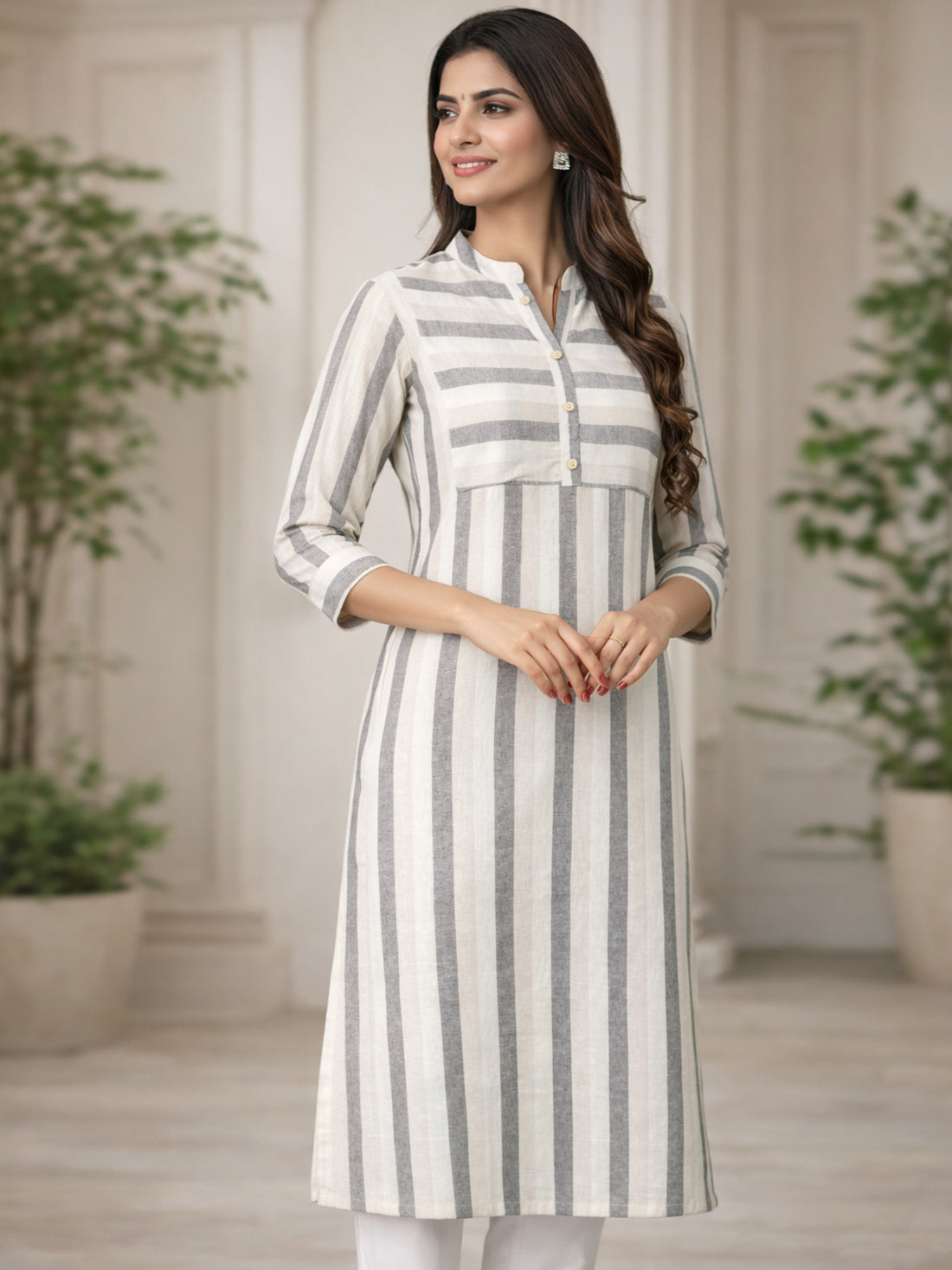 Cream Cotton Stripe Straight Kurti