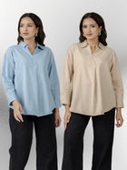 Firozi & Beige Airy Linen Pleated Cotton Tops