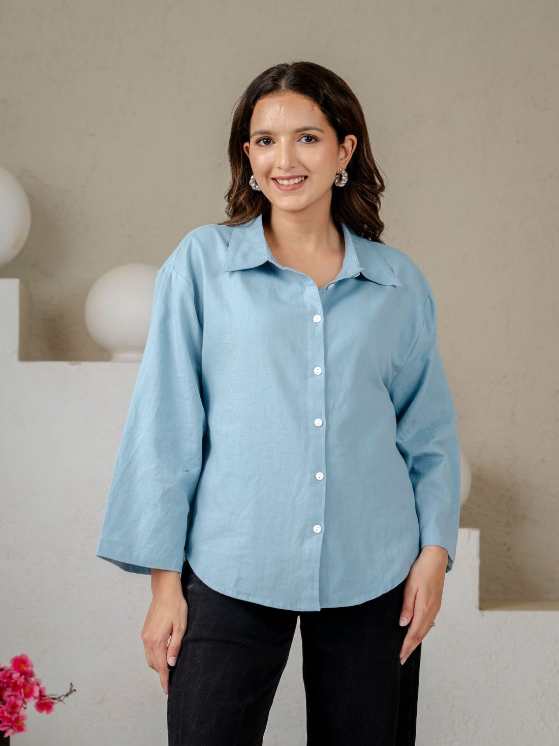 Bundle of 2 Firozi & Light Blue Cotton Bell Sleeves Shirt