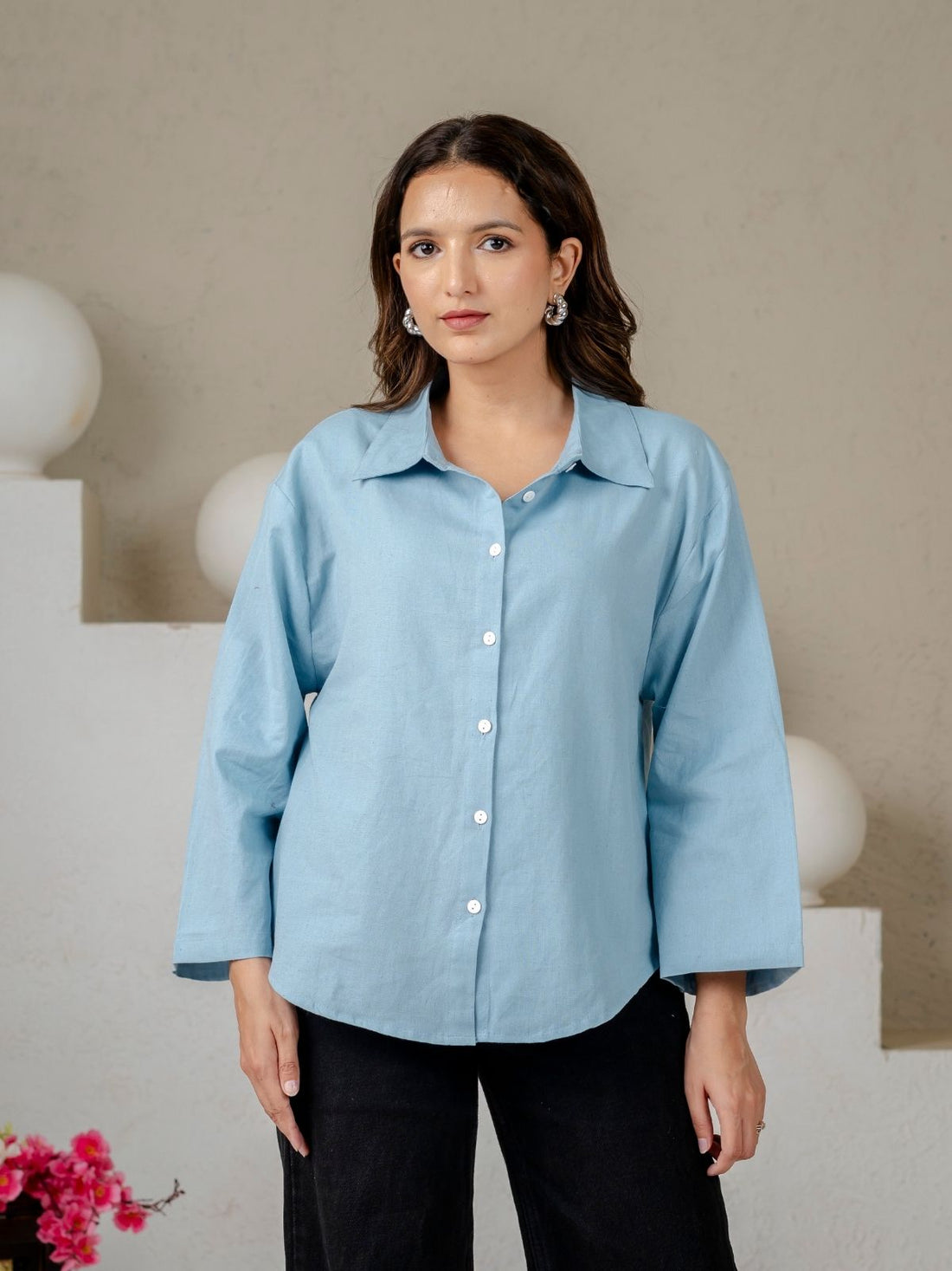 Bundle of 2 Firozi & Light Pink Cotton Bell Sleeves Shirt