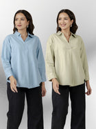 Firozi & Light Green Airy Linen Pleated Cotton Tops