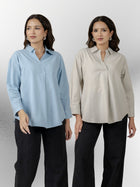Firozi & Light Grey Airy Linen Pleated Cotton Tops