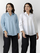 Firozi & White Airy Linen Pleated Cotton Tops