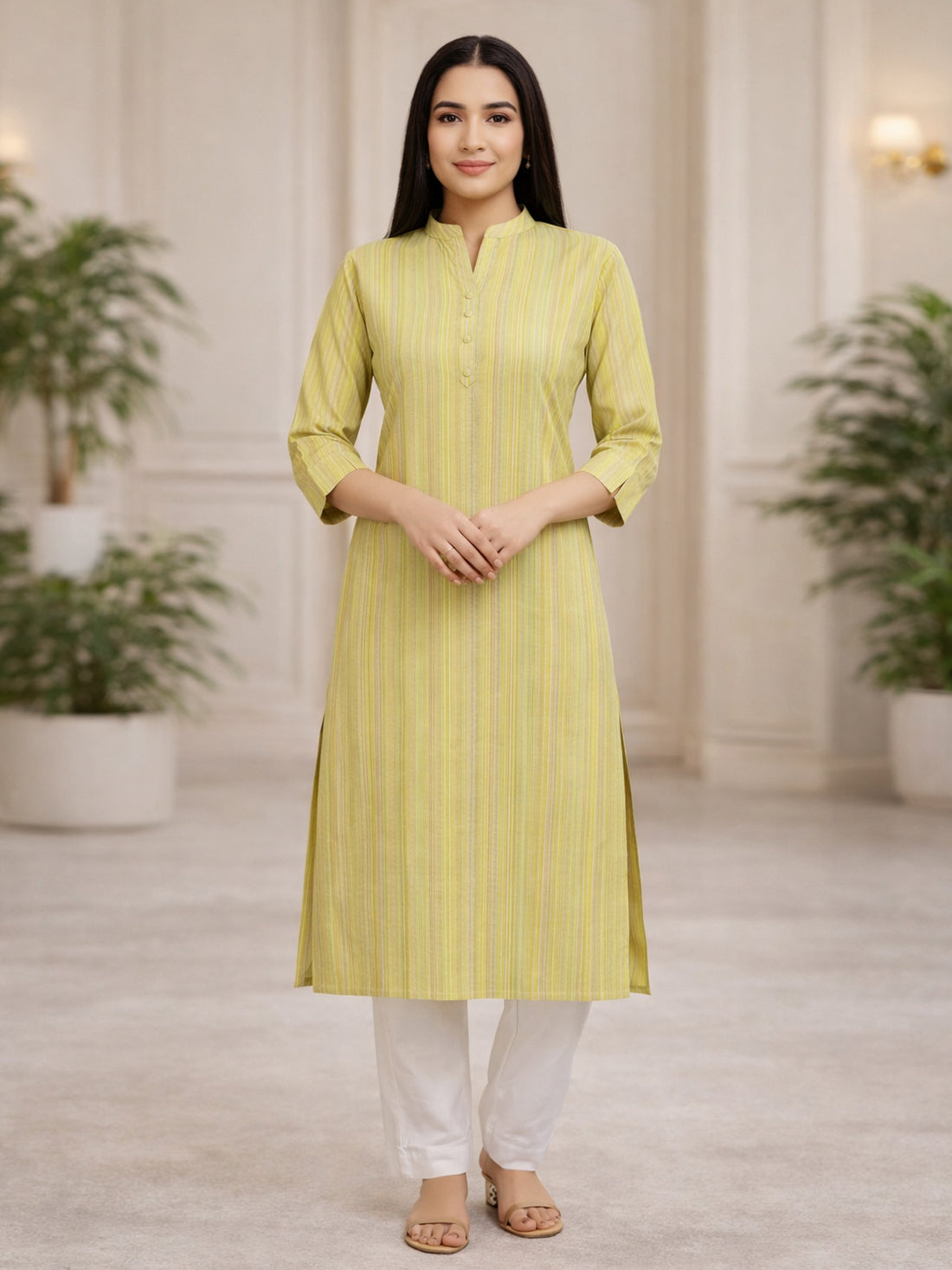 Green South Cotton Multistripe Straight Kurti