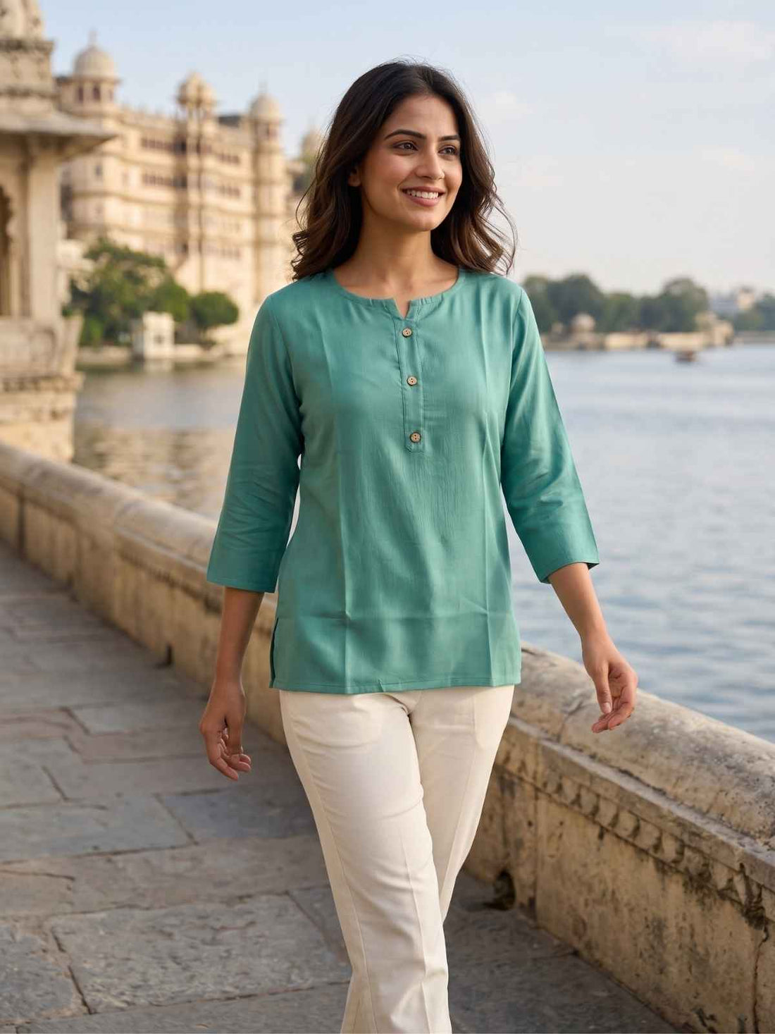 Women Sea Green Rayon Short Kurti