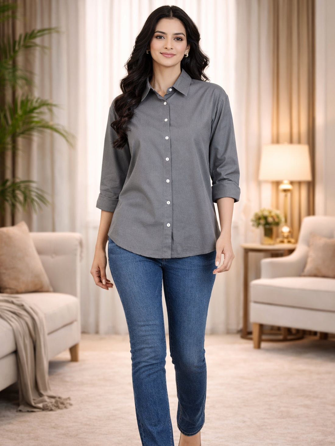 Grey Loose-Fit Over Size Cotton Shirt