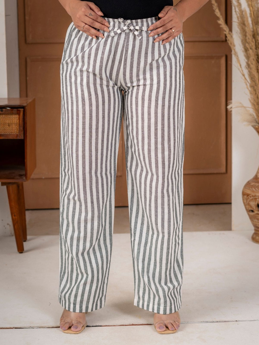 Grey Cotton Stripe Payjama Pants