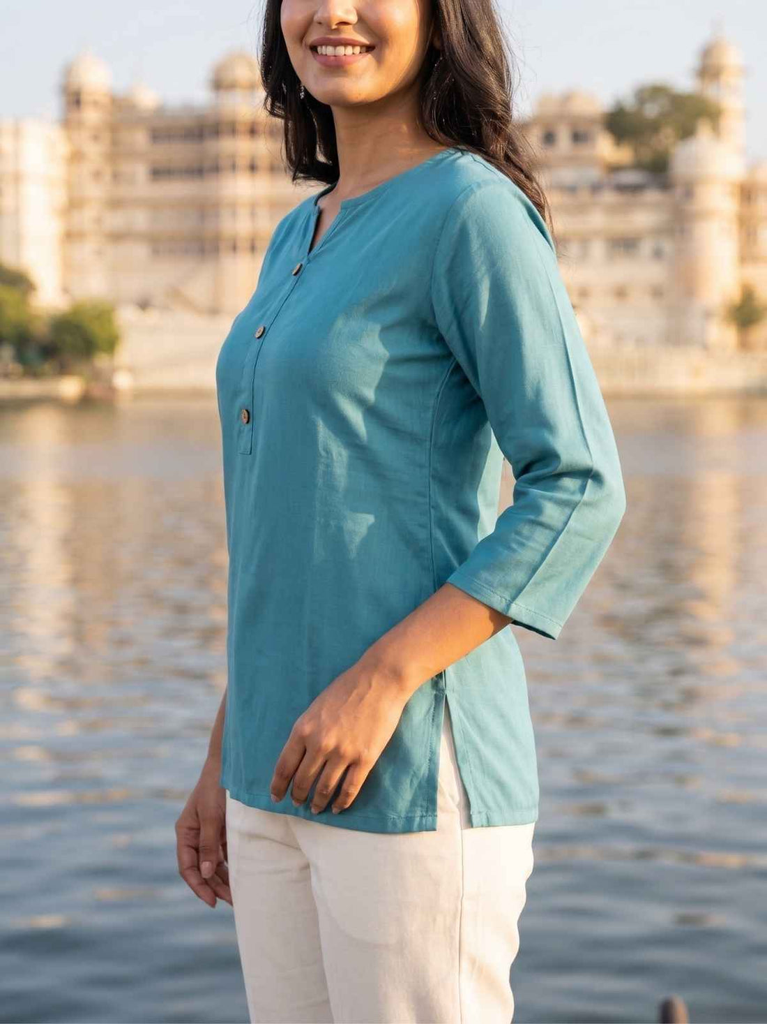 Light Grey & SkyBlue Rayon Short Kurti