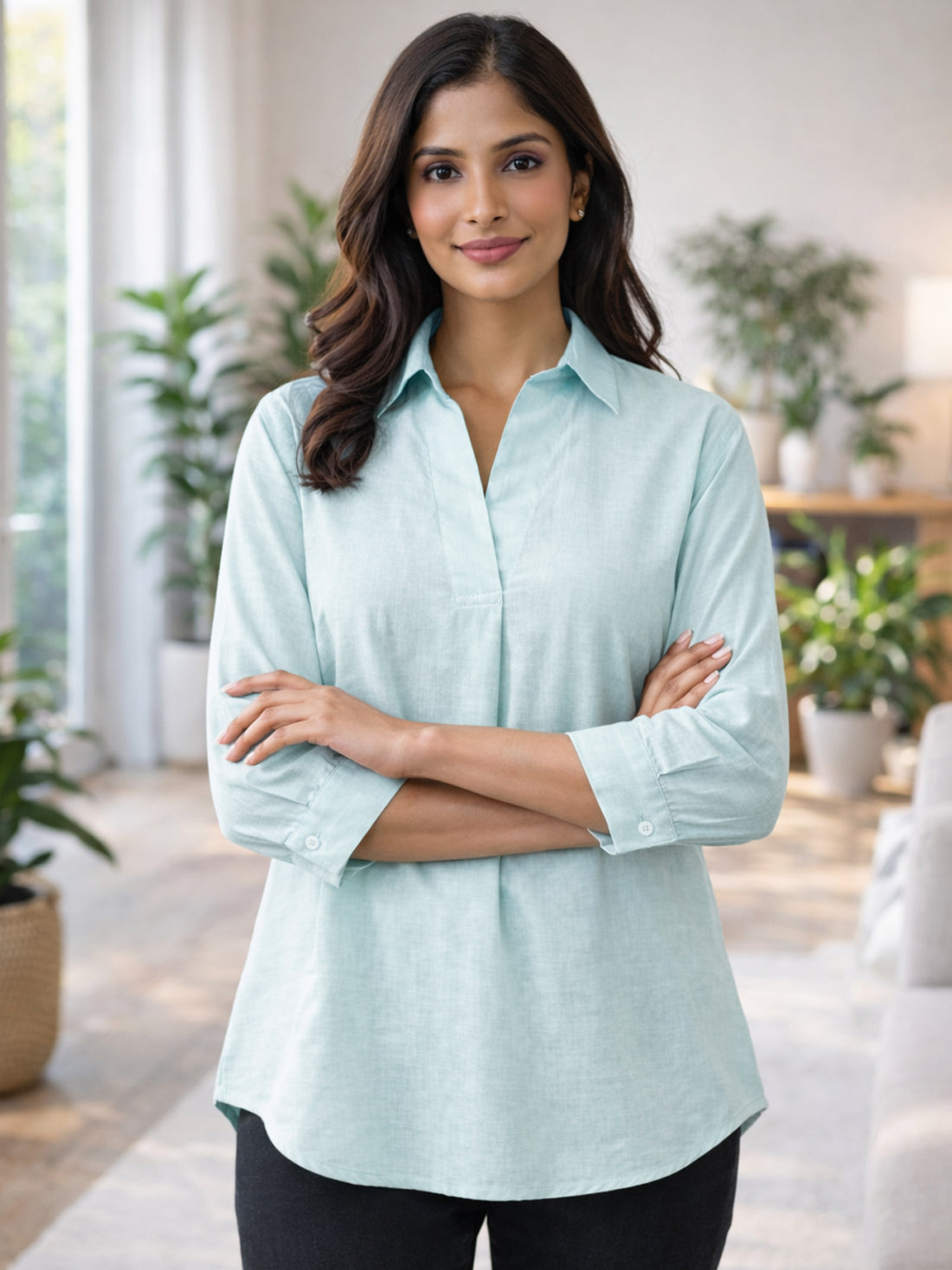 Light Blue Airy Linen Pleated Cotton Top