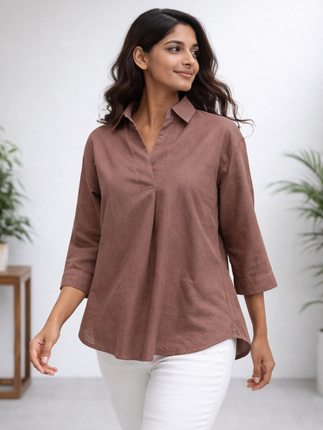 Light Brown Airy Linen Pleated Cotton Top