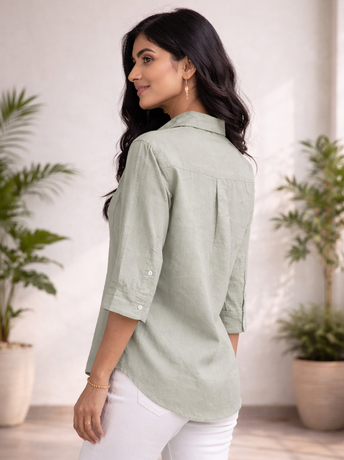 Light Green Airy Linen Pleated Cotton Top