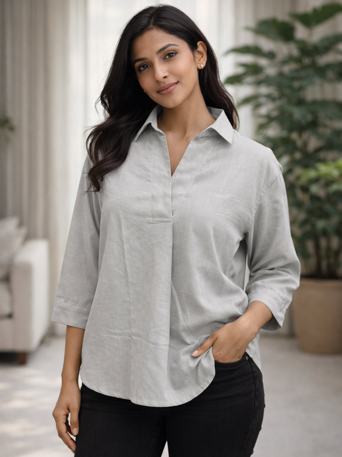 Light Grey Airy Linen Pleated Cotton Top