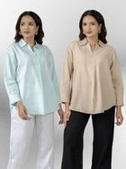 Light Blue & Beige Airy Linen Pleated Cotton Tops